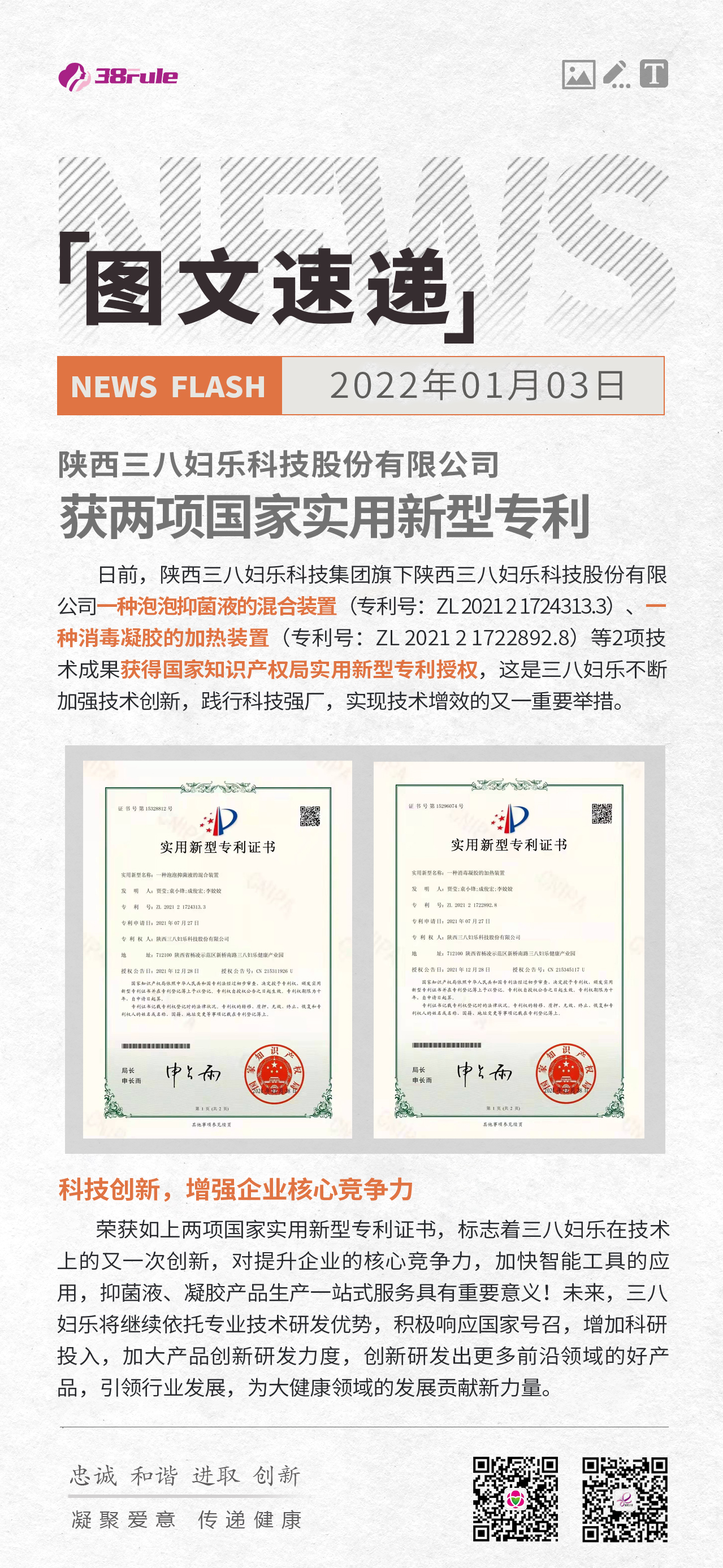 陜西三八婦樂科技股份有限公司獲兩項國家實用新型專利