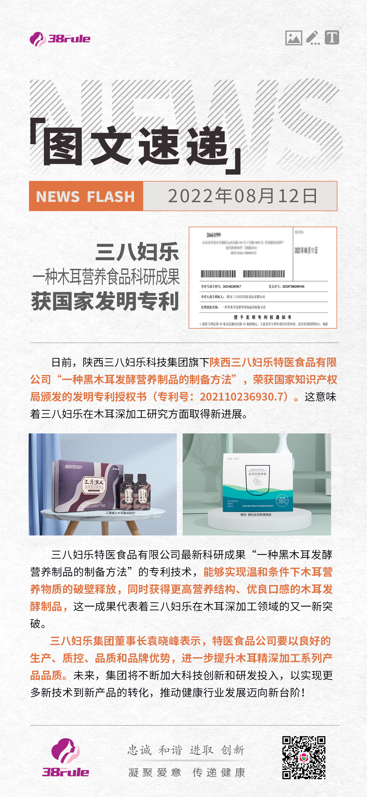 三八婦樂一項(xiàng)木耳營(yíng)養(yǎng)食品科研成果獲國(guó)家發(fā)明專利